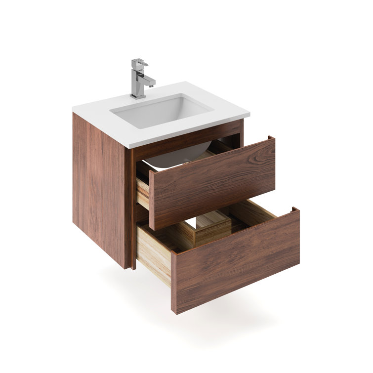 Formosa Warm Walnut Wall Mount Single Sink Vanity with Quartz Top