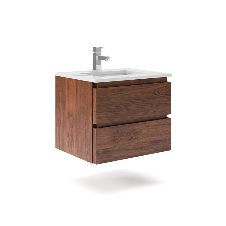 Formosa Warm Walnut Wall Mount Single Sink Vanity with Quartz Top