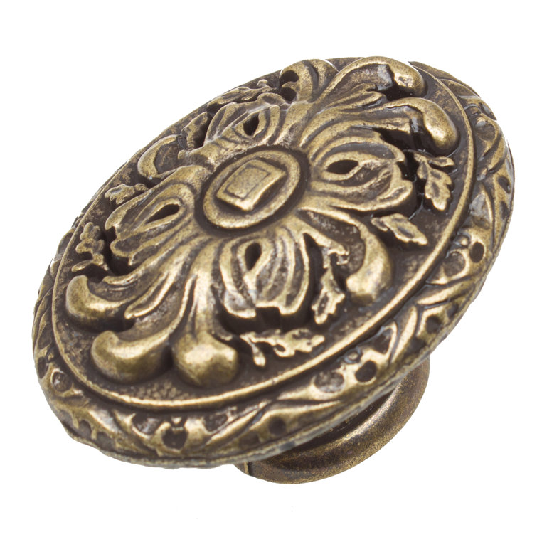 Antique Brass Ornate Oval Cabinet Knob with Mounting Hardware