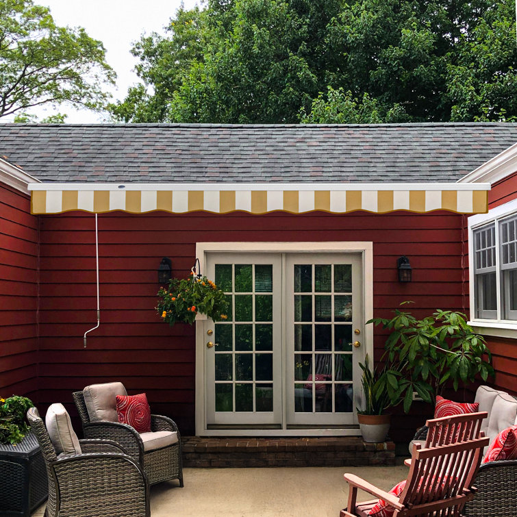 Forest Green and White Stripe Retractable Patio Awning with Aluminum Frame