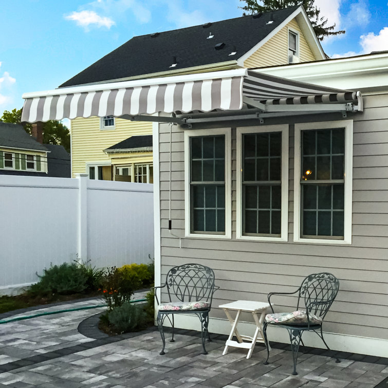 Gray and White Manual Retractable Patio Awning with Steel Frame
