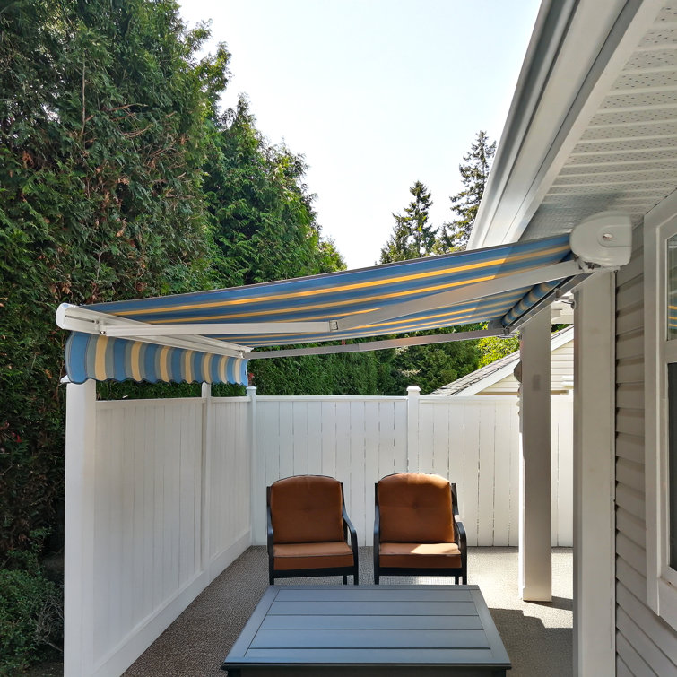 Blue and White Striped Motorized Retractable Patio Awning with Cassette
