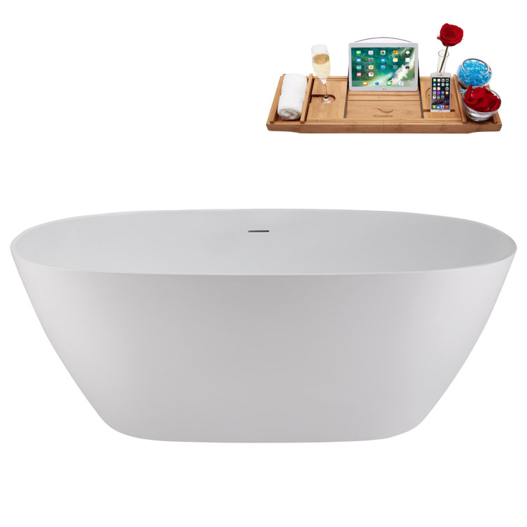 67" Matte White Stone Resin Freestanding Soaking Tub with Chrome Drain