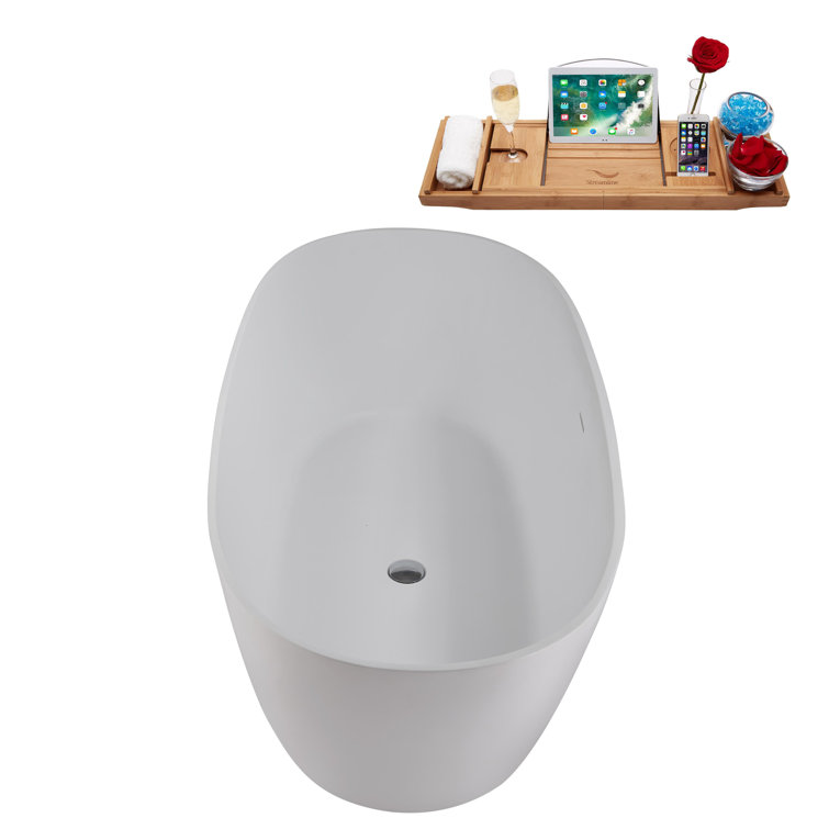 67" Matte White Stone Resin Freestanding Soaking Tub with Chrome Drain