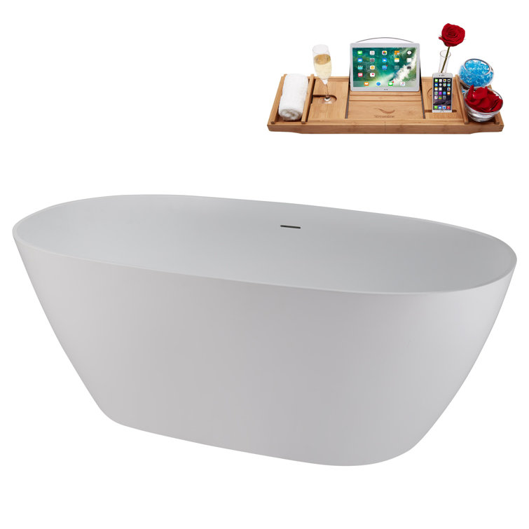 67" Matte White Stone Resin Freestanding Soaking Tub with Chrome Drain