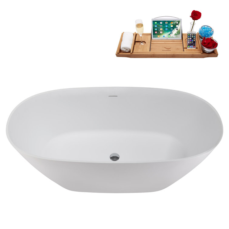 67" Matte White Stone Resin Freestanding Soaking Tub with Chrome Drain