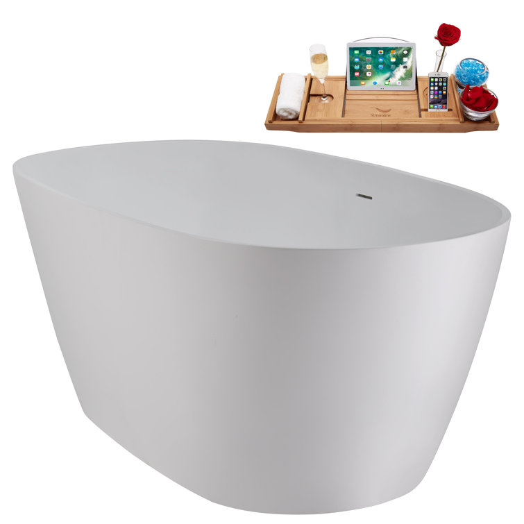 67" Matte White Stone Resin Freestanding Soaking Tub with Chrome Drain