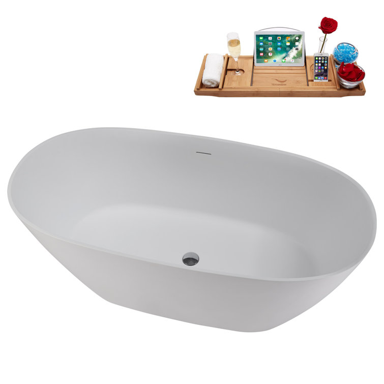 67" Matte White Stone Resin Freestanding Soaking Tub with Chrome Drain