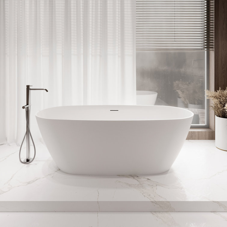 67" Matte White Stone Resin Freestanding Soaking Tub with Chrome Drain