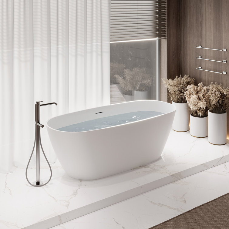 67" Matte White Stone Resin Freestanding Soaking Tub with Chrome Drain