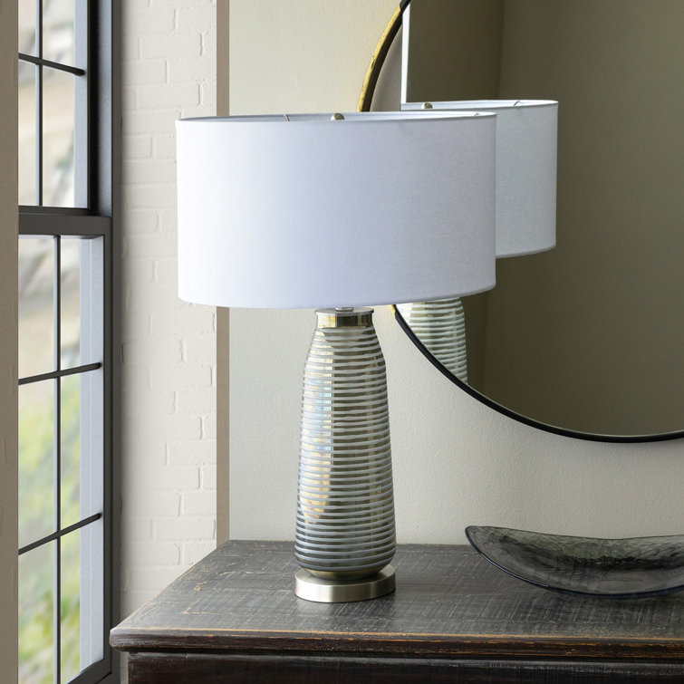 Gray Ribbed Metal Table Lamp with White Linen Shade