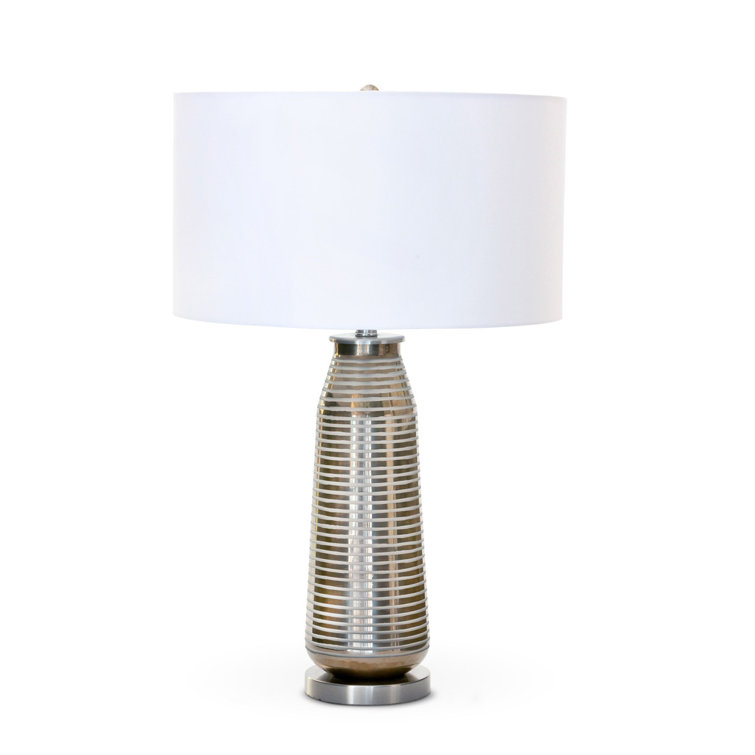 Gray Ribbed Metal Table Lamp with White Linen Shade