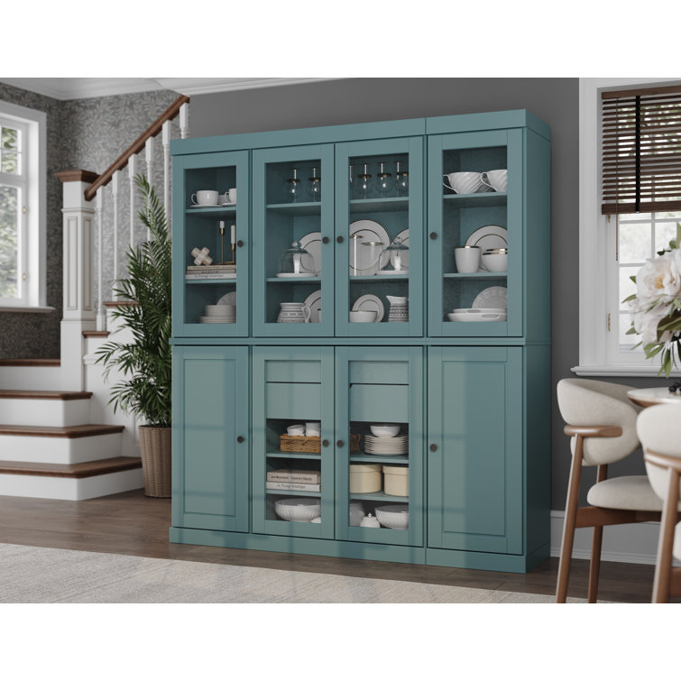 Aqua Blue Solid Wood China Cabinet with Frosted Glass Doors