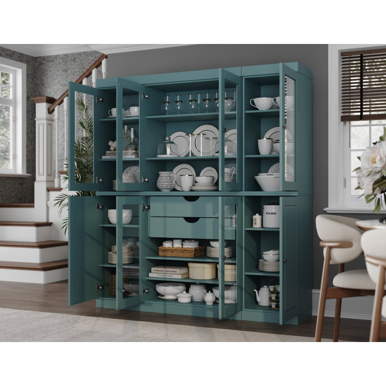 Aqua Blue Solid Wood China Cabinet with Frosted Glass Doors