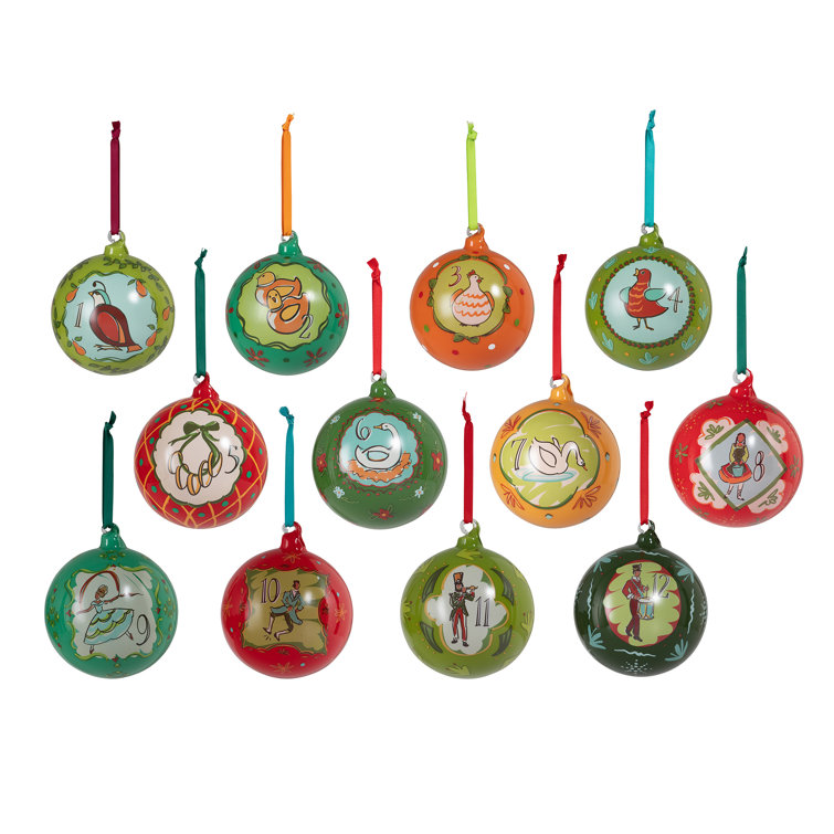 12 Days of Christmas Multicolor Glass Ball Ornament Set