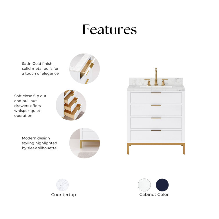 Pure White and Gold 30" Single Bathroom Vanity with Marble Top