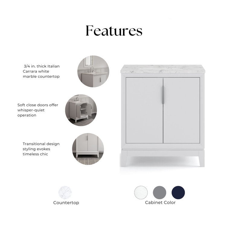 Elizabeth 30" Pure White Single Bathroom Vanity with Marble Top