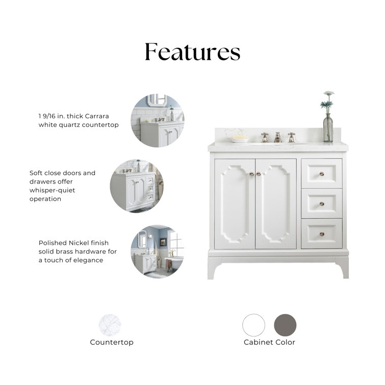 Pure White 36'' Single Bathroom Vanity with Quartz Carrara Top and Mirror