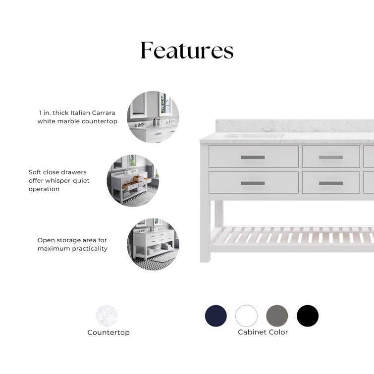 Madalyn 72" Pure White Double Sink Bathroom Vanity with Marble Top