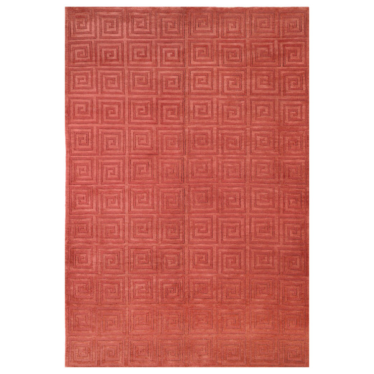 Rustic Geometric Hand-Knotted Wool Rug - 6' x 9' - Rust