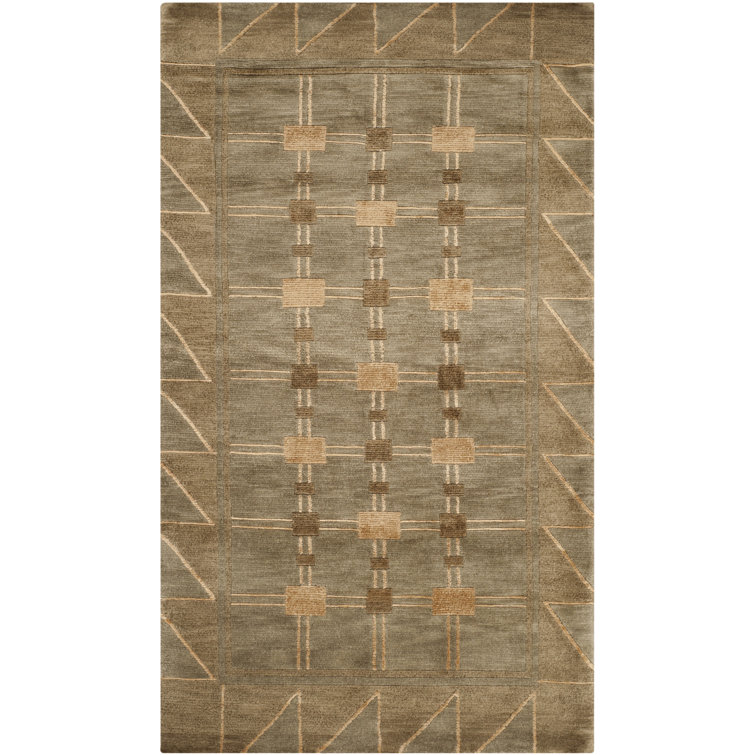 Gray Geometric Hand-Knotted Wool Rectangular Rug 4' x 6'