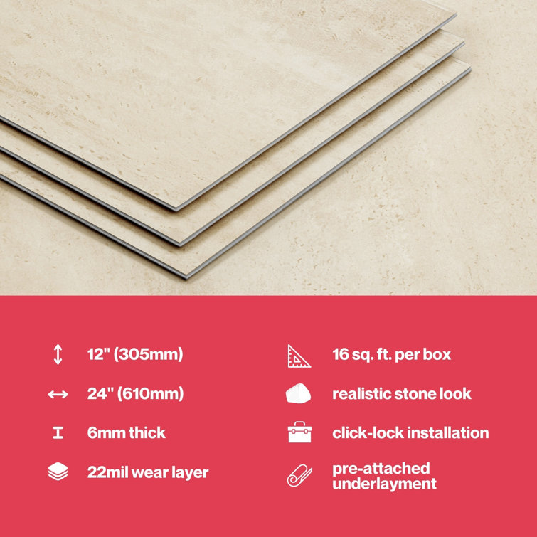 Cream Beige 24" x 12" Waterproof Vinyl Tile Flooring