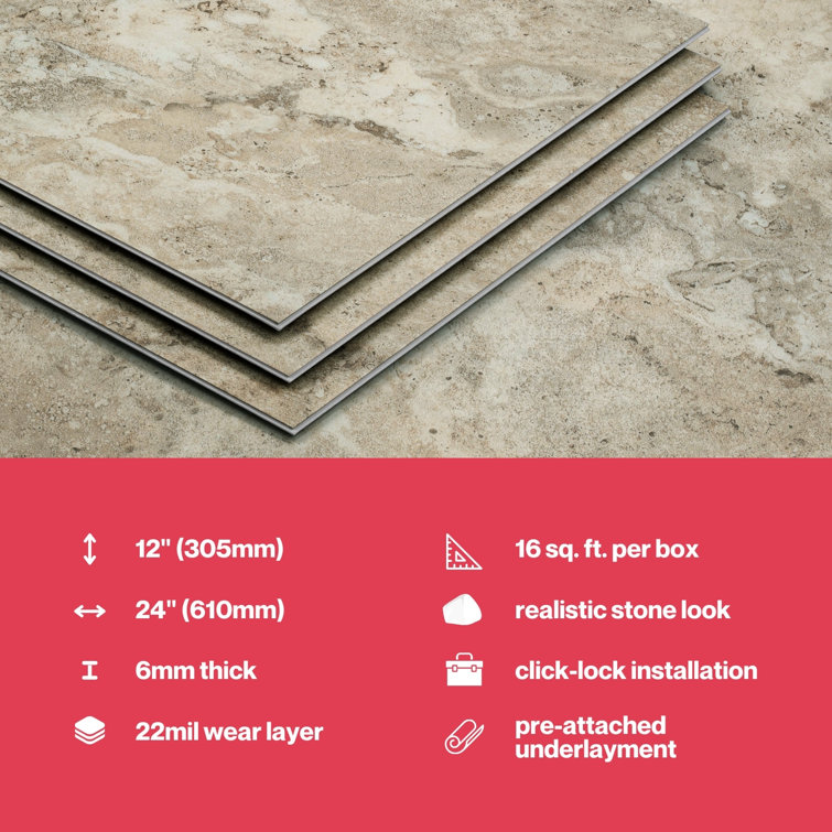 Travertine 12" x 24" Waterproof Click Lock Vinyl Tile Flooring
