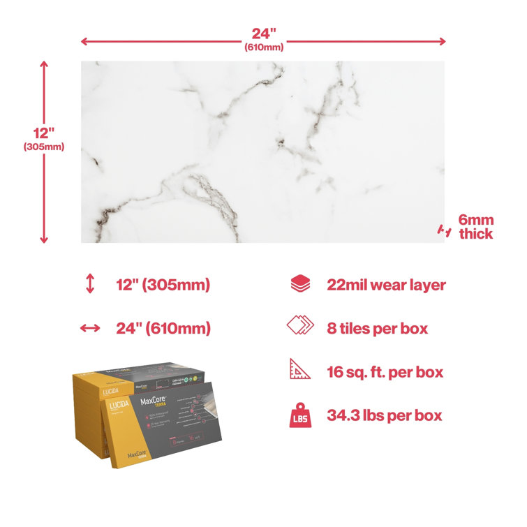 Calacatta White Marble Look 12" x 24" Vinyl Tile Flooring