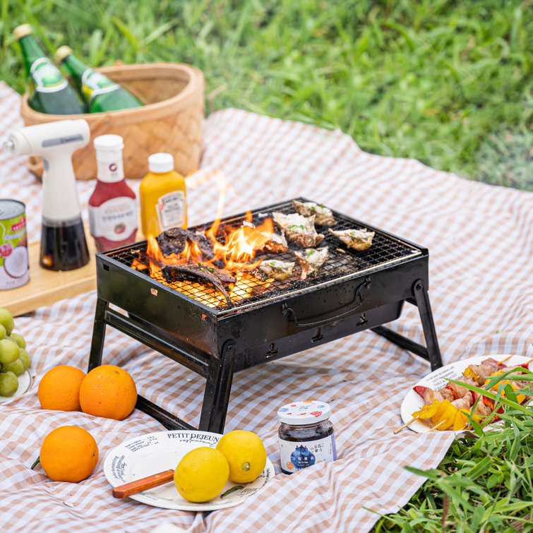 Compact Black Stainless Steel Foldable Charcoal Grill for Outdoor Cooking