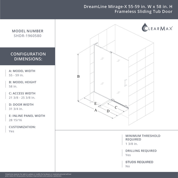 Mirage-X 60'' Clear Glass Frameless Sliding Tub Door with Brushed Nickel Hardware