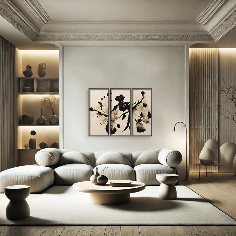 Cherry Blossom Branch Beige and Black 3-Piece Wall Art Set