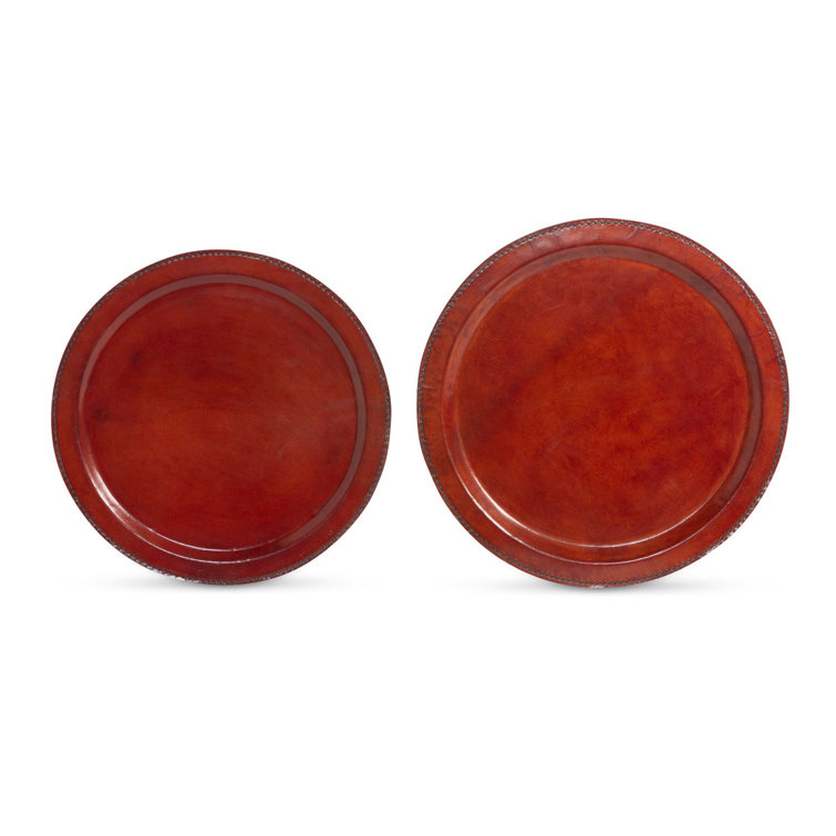 Hudson Dark Brown Leather Round Serving Trays, Set of 2