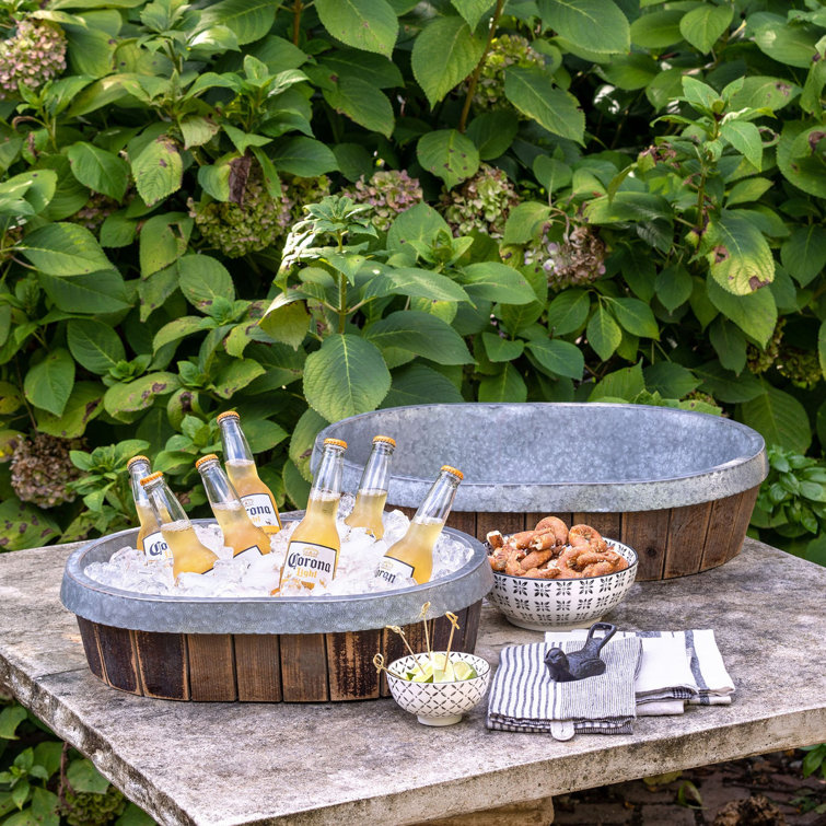 Rustic Brown and Gray Wood and Galvanized Metal Oval Planter Set