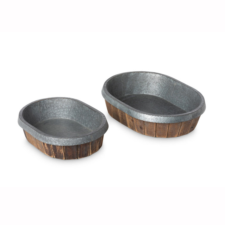 Rustic Brown and Gray Wood and Galvanized Metal Oval Planter Set