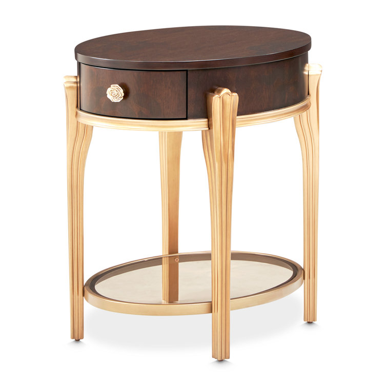 Round Dark Brown Wood and Glass End Table with Storage