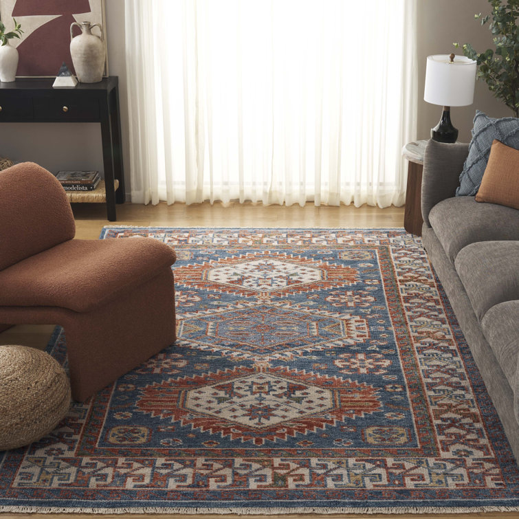 Hand-Knotted Wool Geometric 9' x 12' Area Rug in Blue and Green