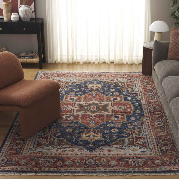 Navy and Rust Hand-Knotted Wool 8' x 10' Traditional Area Rug