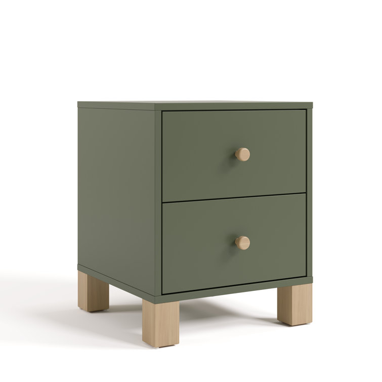 Olive Painted Wood 2 Drawer Nightstand with Driftwood Legs