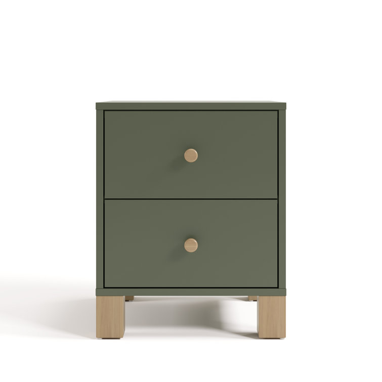 Olive Painted Wood 2 Drawer Nightstand with Driftwood Legs
