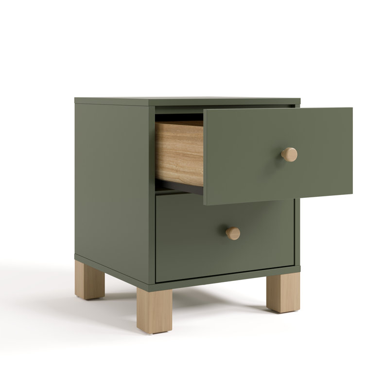 Olive Painted Wood 2 Drawer Nightstand with Driftwood Legs