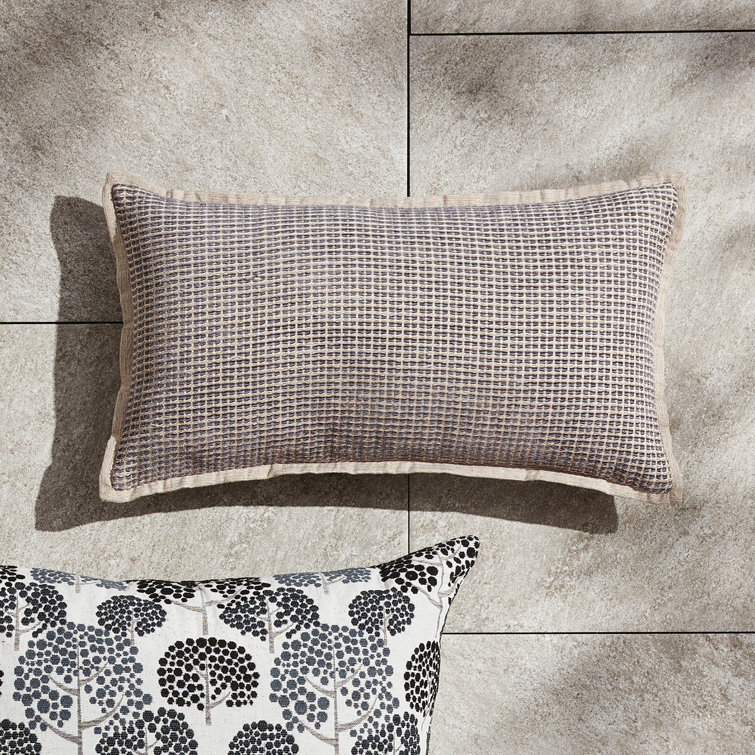 Taupe and Gray Geometric Polyester Lumbar Outdoor Pillow