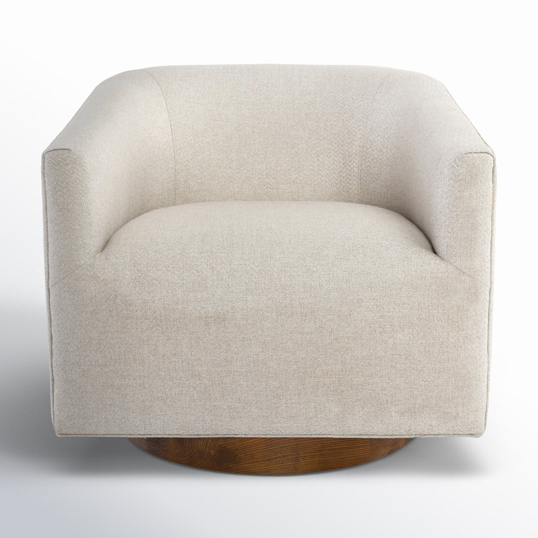 French Beige Basketweave Swivel Accent Chair with Wood Base