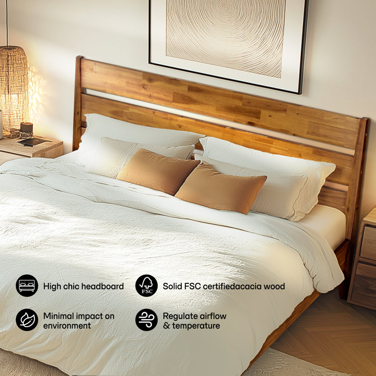 Caramel Acacia Wood Queen Platform Bed Frame with Headboard