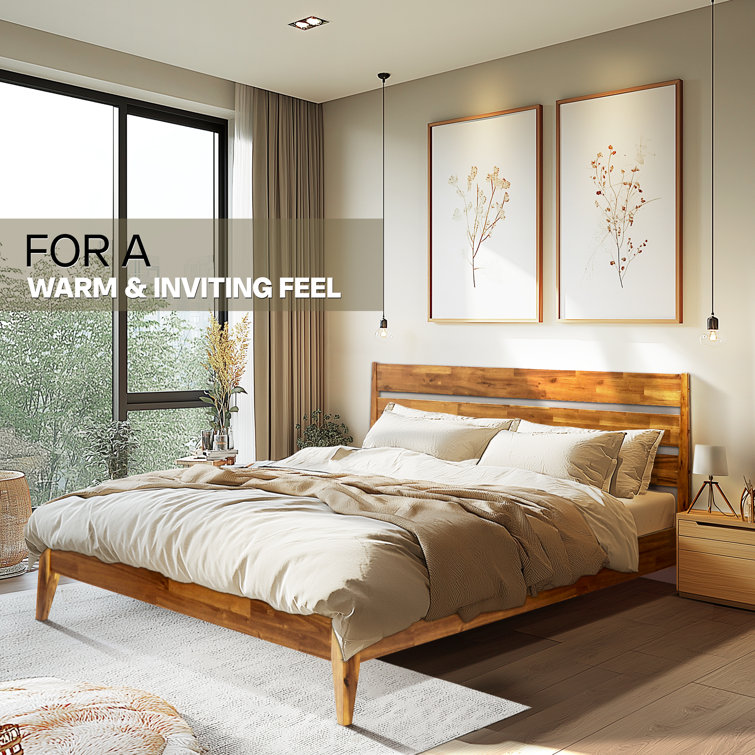 Caramel Acacia Wood Queen Platform Bed Frame with Headboard