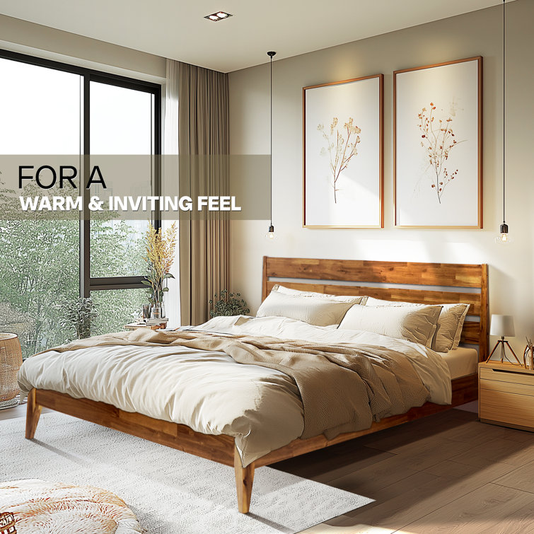 Walnut Queen Solid Wood Platform Bed with Headboard