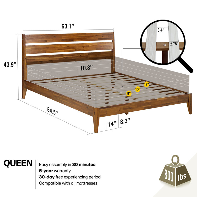 Caramel Acacia Wood Queen Platform Bed Frame with Headboard