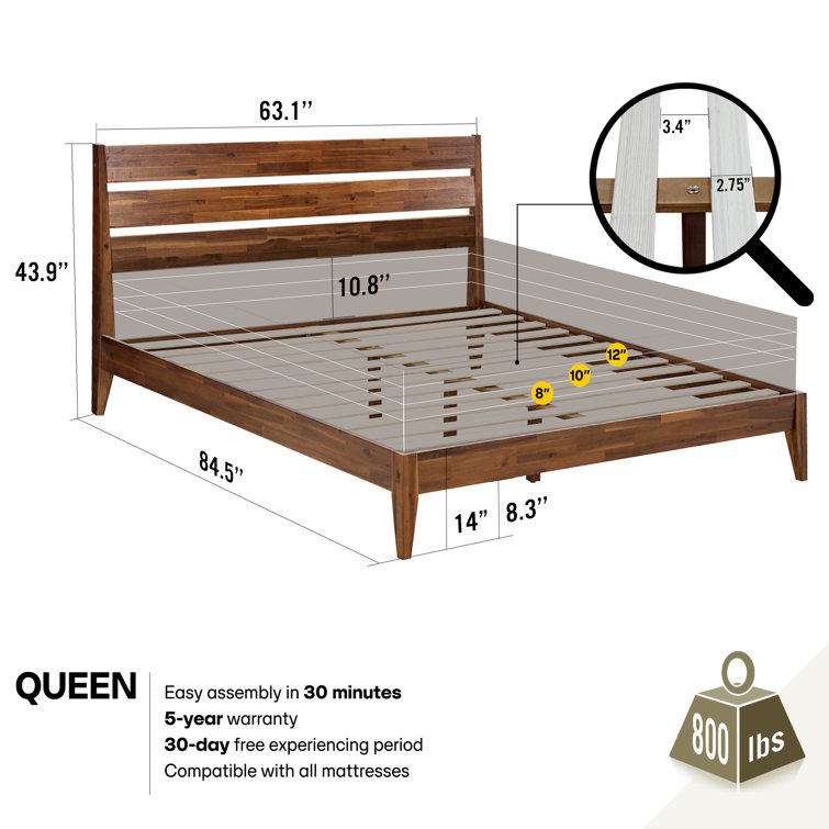 Walnut Queen Solid Wood Platform Bed with Headboard