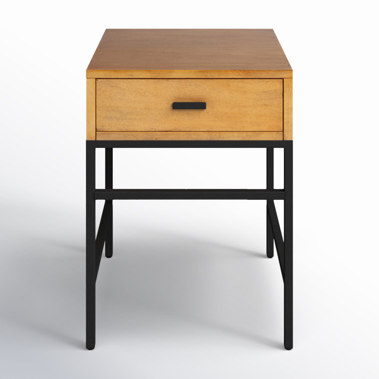 Natural Wood and Black Iron End Table with Drawer