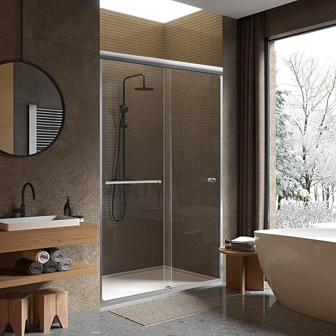 Chrome Semi-Frameless Sliding Tub Shower Door with Clear Tempered Glass