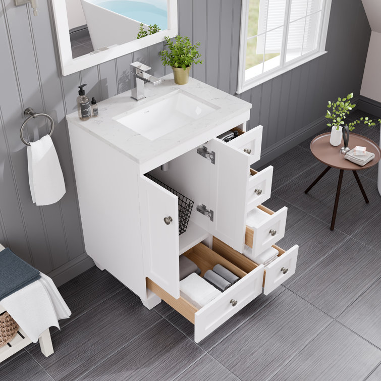 White Carrara Quartz Top Freestanding Bathroom Vanity with Porcelain Sink